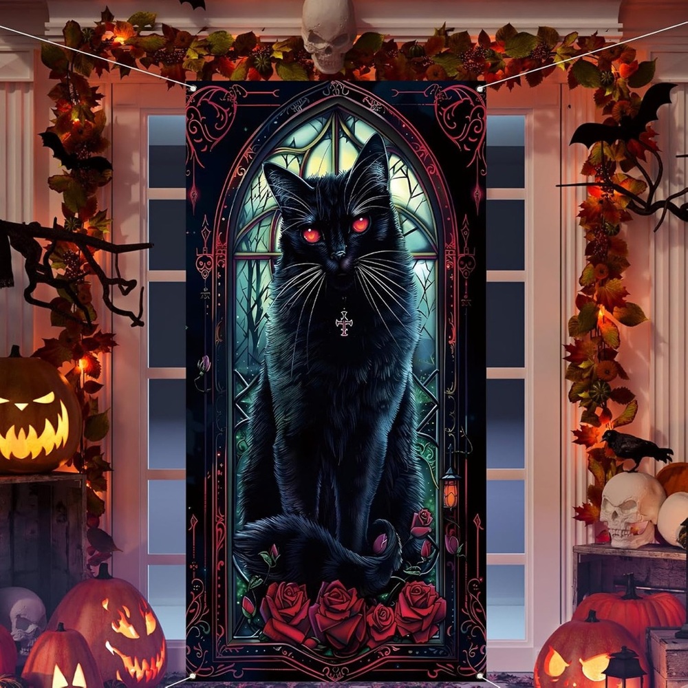 Black Cat Halloween Door Cover, photo backdrop, Wall Banner Party Decoration